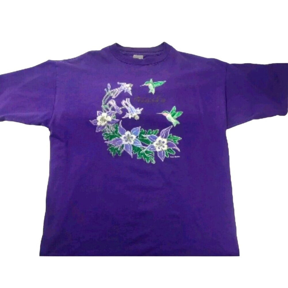Vtg Prairie Mountain Shirt Purple Alaska Flower Hummingbird Graphic Tee …